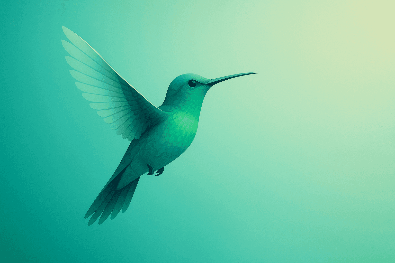 Illustration of a green hummingbird in flight against a gradient turquoise background.