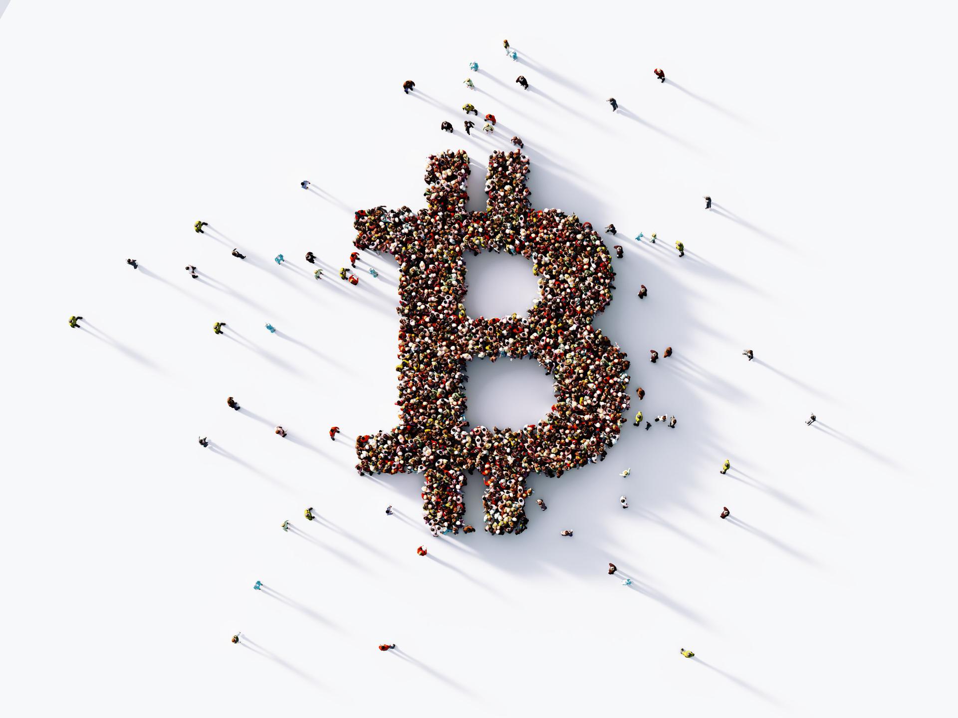 Human Crowd Forming Bitcoin Symbol : Finance Concept