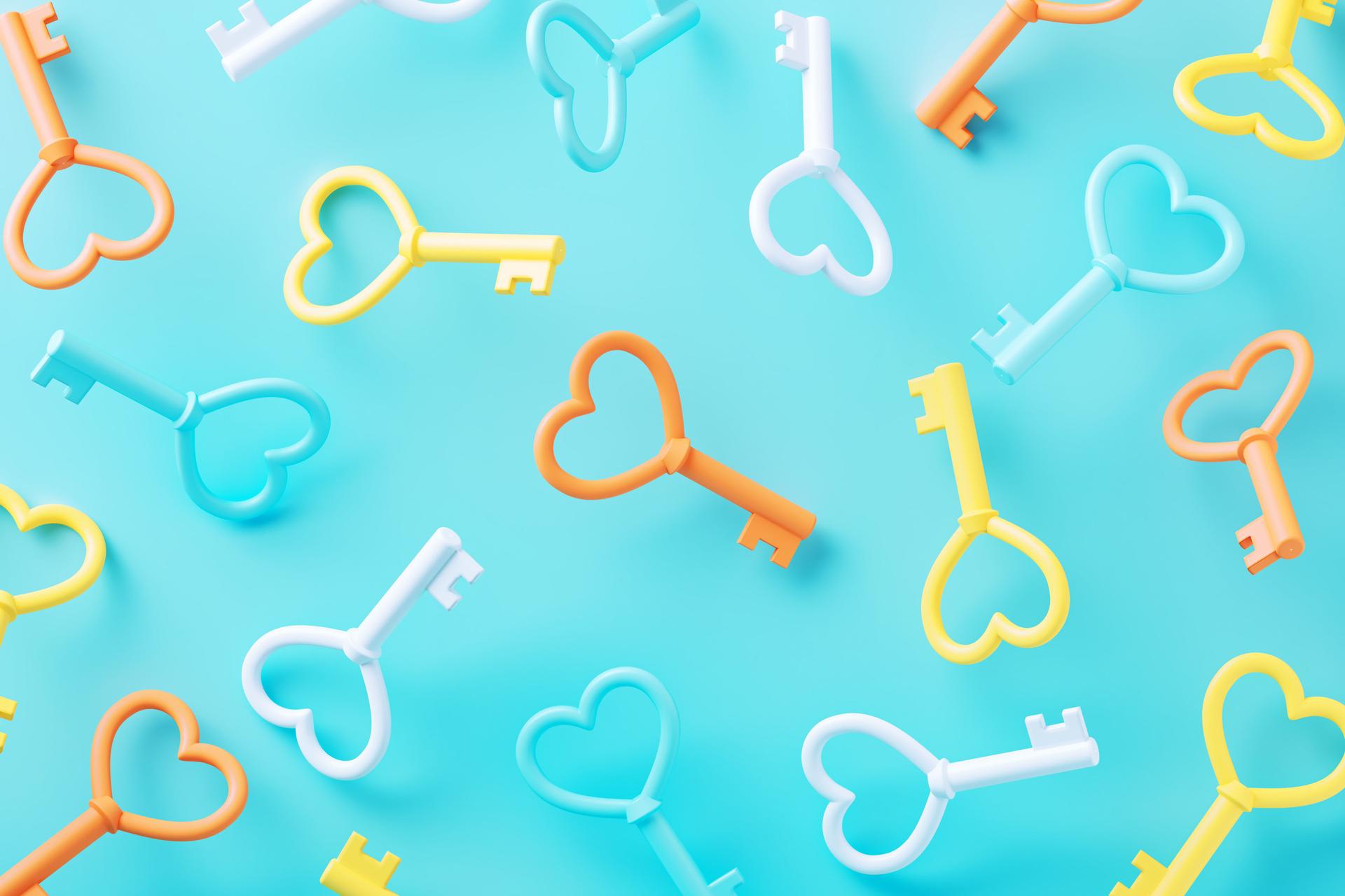 Colorful Heart Shaped Keys Over Blue Background